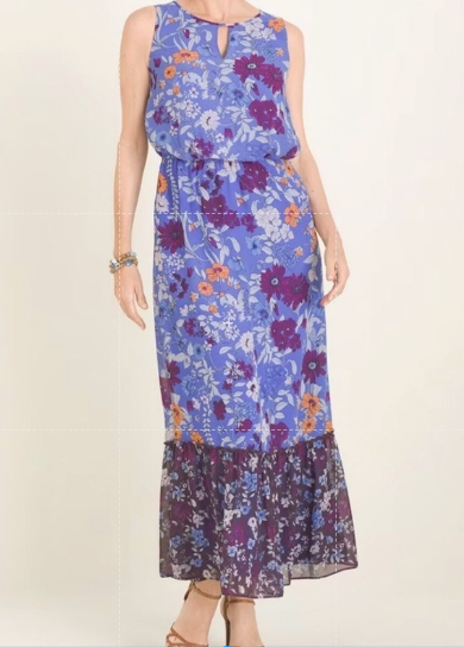 Chicos Dress Women's Size 6 Blue Floral Sleeveless Midi Ruffle Hem Keyhole Boho
